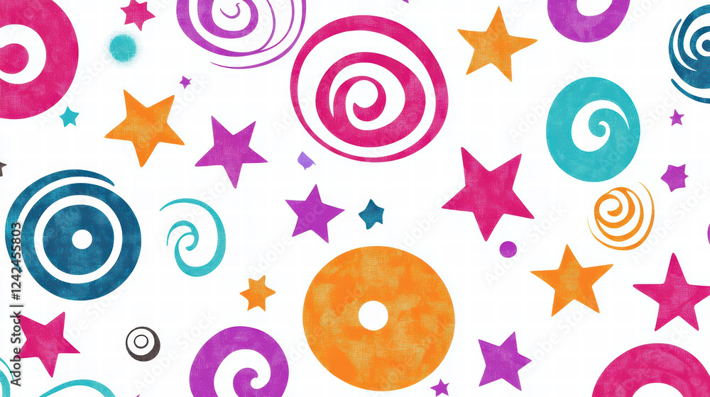 Aufkleber colorful abstract geometric shapes with swirls and stars create vibrant pattern. this playful design