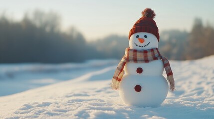 Obraz premium Cheerful Snowman on Blurred Winter Landscape Background - Festive Greeting Card with Copy Space