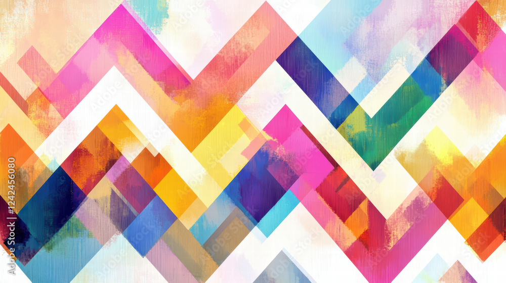 Poster colorful abstract geometric shapes create vibrant pattern with zigzag lines and mix of hues, evoking