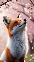 Obraz premium A beautiful red fox gazes up at delicate cherry blossoms falling gently around it, capturing a serene and whimsical springtime moment in nature.
