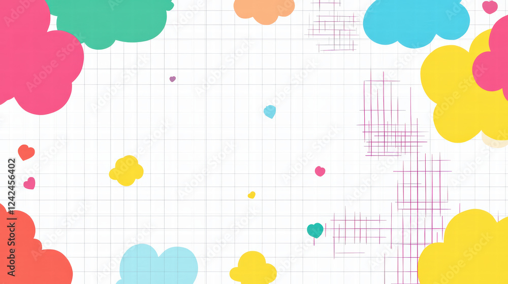 Poster colorful abstract geometric shapes with playful grid pattern, featuring vibrant clouds and hearts, c
