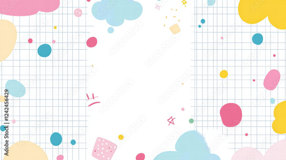 Poster colorful abstract geometric shapes with grid border pattern create playful and vibrant background. i