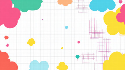 Colorful abstract geometric shapes with playful grid pattern, featuring vibrant clouds and hearts, creating cheerful and lively atmosphere
