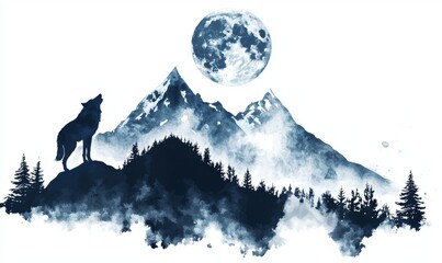 Majestic Wolf Howling at Full Moon Amidst Serene Mountain Landscape with Lush Forest Surroundings
