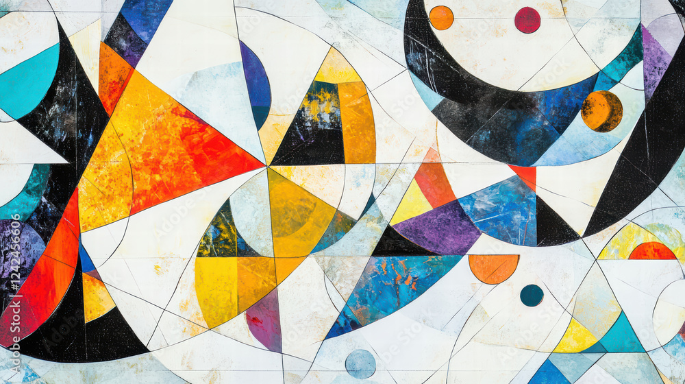 Poster colorful abstract geometric shapes create vibrant grid pattern with contrasting colors and forms, ev