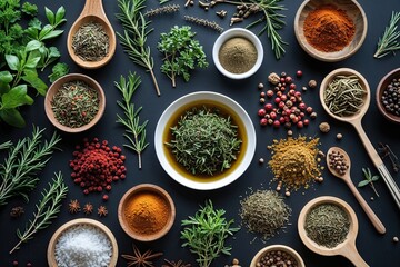 Aerial Composition of Diverse Aromatic Herbs and Spices for Mindful Cooking