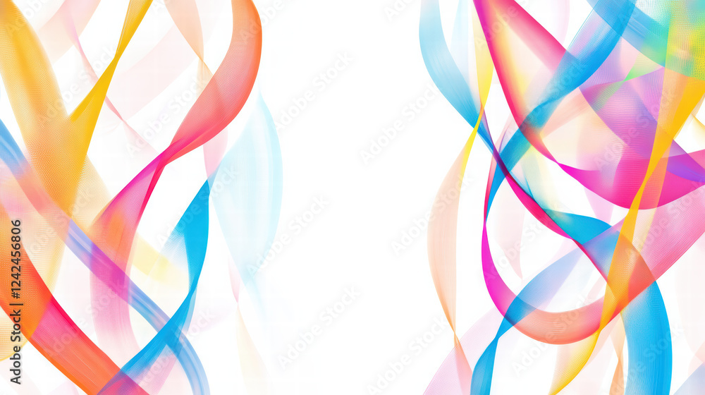 Poster colorful abstract geometric shapes create vibrant border pattern, featuring flowing ribbons in shade