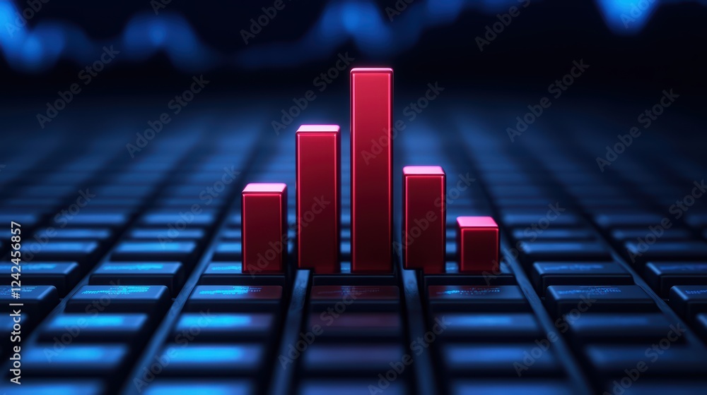 Poster red bar graph on dark keyboard with digital background display