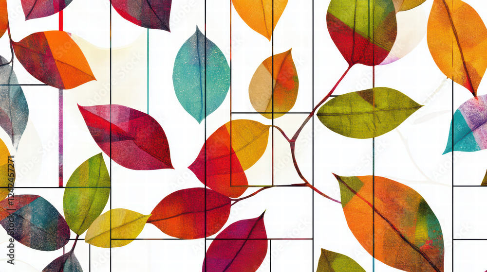 Poster colorful abstract geometric shapes with vibrant leaves create lively pattern. design features mix of