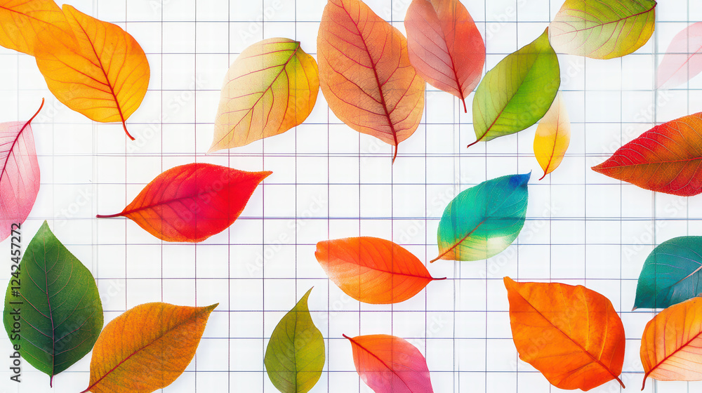 Poster colorful autumn leaves arranged on grid background create vibrant and artistic display. mix of shape