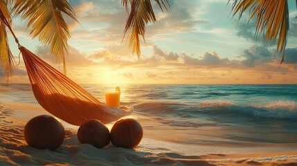 Beachside Relaxation with a Hammock, Coconut Drinks, and the Ocean oe Perfect for Relaxation Photography, capturing the ultimate beach vacation vibes