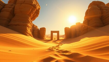 Shifting Sand Portal with Sunlit Glowing Runes – A golden sand gateway, its runes glowing vibrantly beneath the scorching desert sun