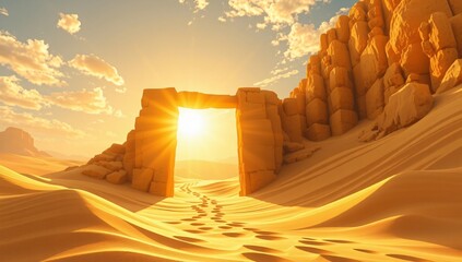 Golden Sand Gateway Shifting in the Desert – A mystical portal crafted from golden sand, its runes glowing as the sun casts its light