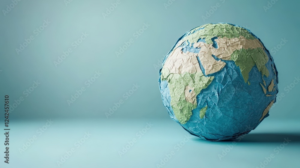 Poster globe made from paper isolated on blue background, artistic representation of earth with crumpled te