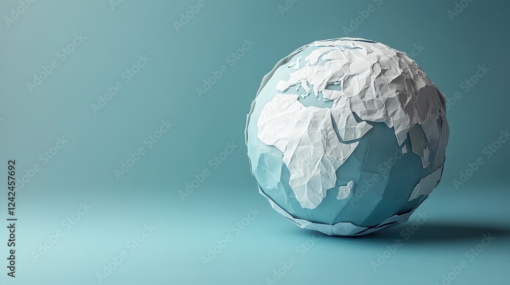 Poster paper globe model isolated on soft blue background, featuring a textured surface that represents con