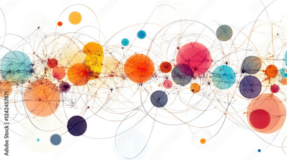 Poster colorful abstract geometric shapes create vibrant grid pattern with circles and lines, evoking sense