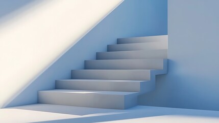 Fototapeta premium Modern stairs, sunlight, blue wall, minimalist