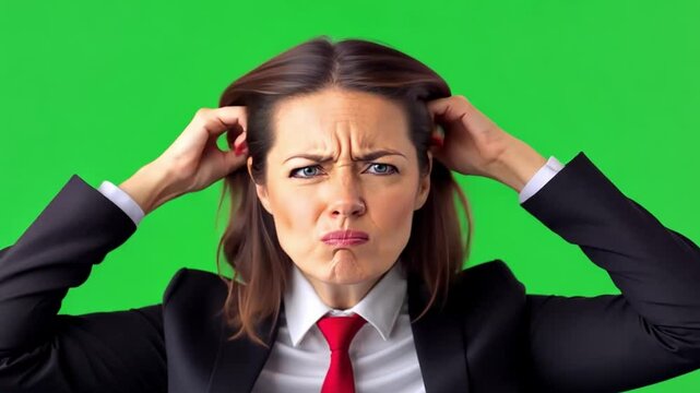 Frustrated Businesswoman: A portrait of a stressed businesswoman against a green screen, pulling at her hair in a gesture of frustration and exasperation.