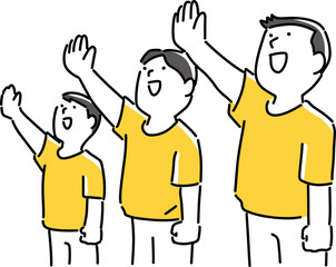 手を挙げて笑顔の複数の男性