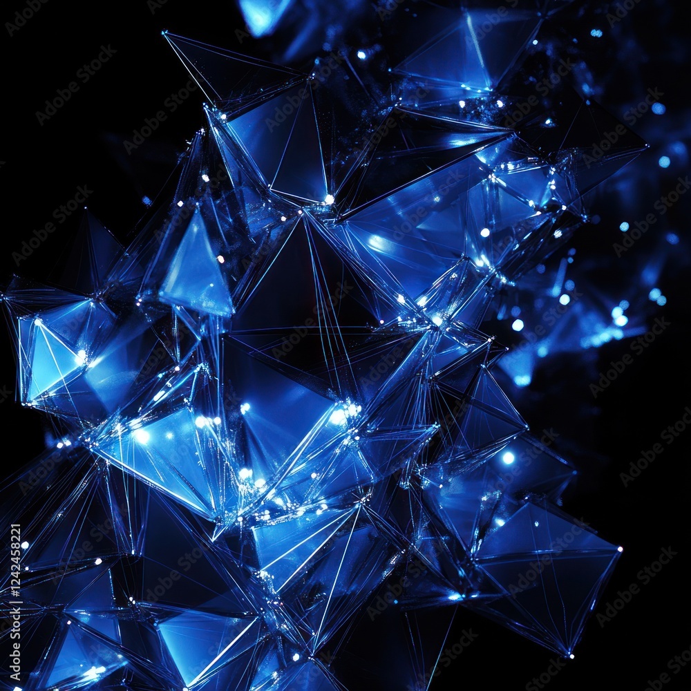 Poster blue geometric mesh with glowing nodes on black; abstract concept use background or technology