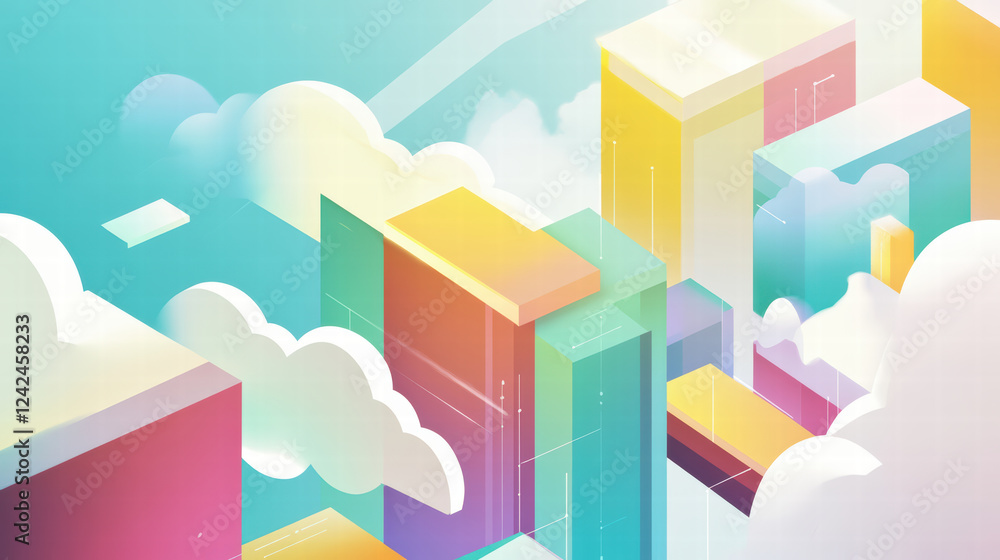 Aufkleber colorful isometric data processing concept with abstract buildings and clouds, creating vibrant and 