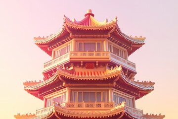 Fototapeta premium Using the Yingxian Wooden Pagoda in Shanxi, China as a prototype reference, draw a tower in the cartoon style of Supercell, where various small demons from Chinese mythology live, 