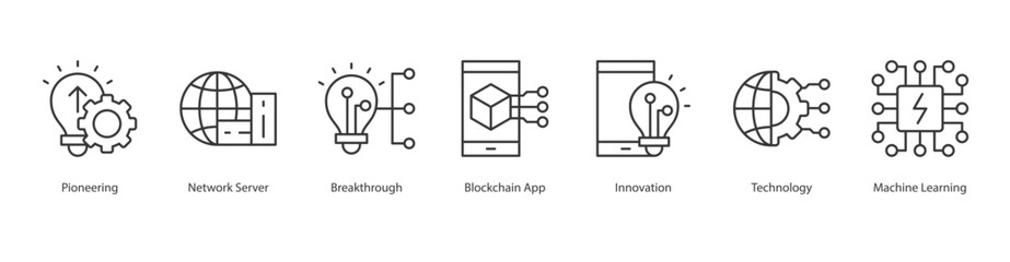 Disruption Outline Icon Sheet Pioneering, Network Server, Breakthrough, Blockchain App, Innovation, Technology, Machine Learning