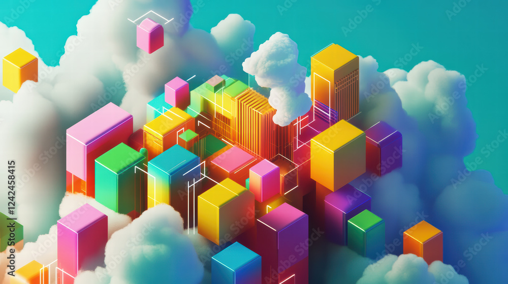 Poster colorful isometric cityscape with vibrant geometric shapes and clouds, representing data processing 