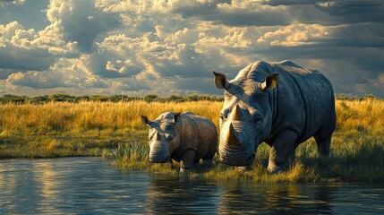 Obraz premium Big herbivores in natural habitats including elephants rhinoceroses and hippopotamuses showcasing their majestic size grazing behavior and interaction with ecosystems in grassland and forested areas