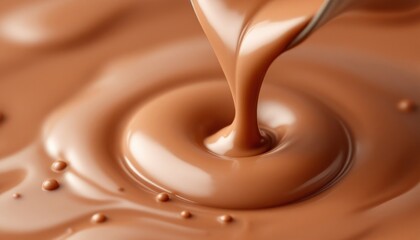 Smooth chocolate pouring down in a close-up view