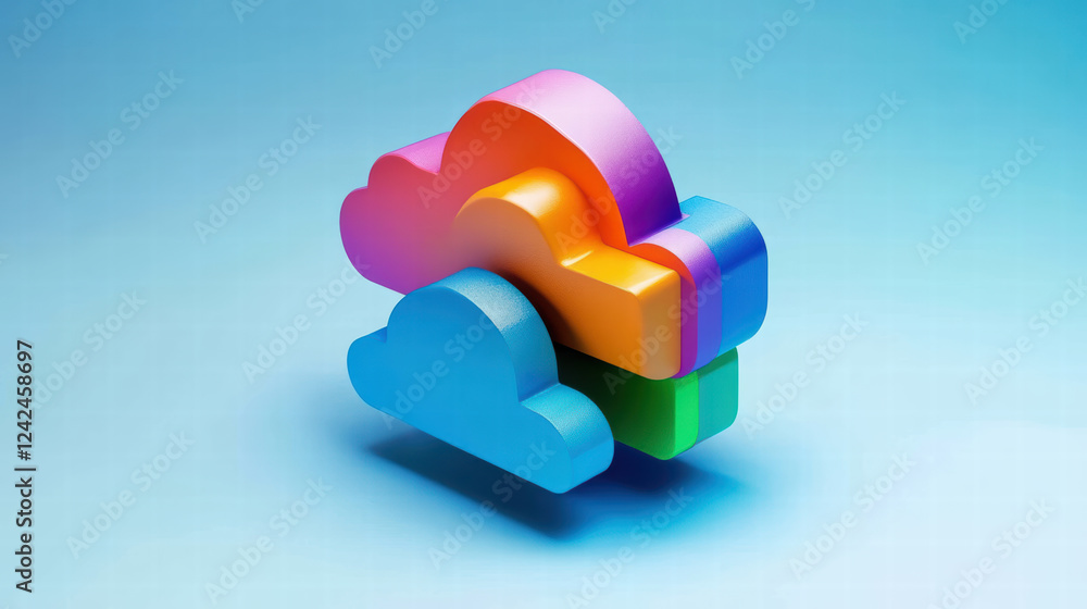 Poster colorful cloud shapes representing cloud technology and data storage. this vibrant design showcases 