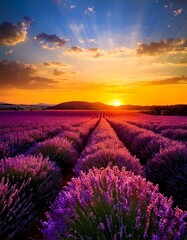 sunset over a sprawling lavender field 