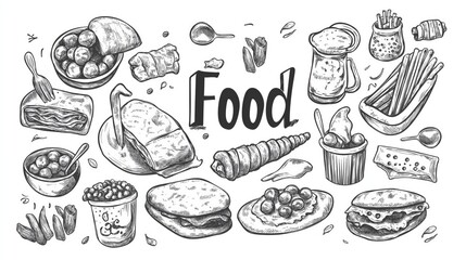 Drawings of different food items on white background with text food in the center illustration