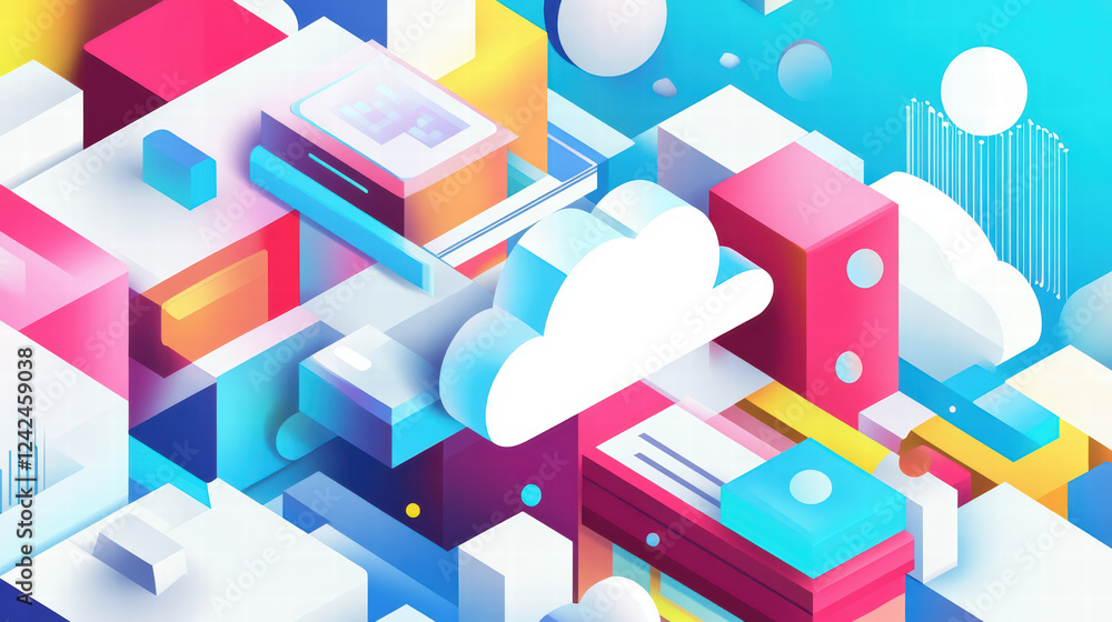 Poster colorful isometric design showcasing cloud technology and digital elements, featuring vibrant geomet