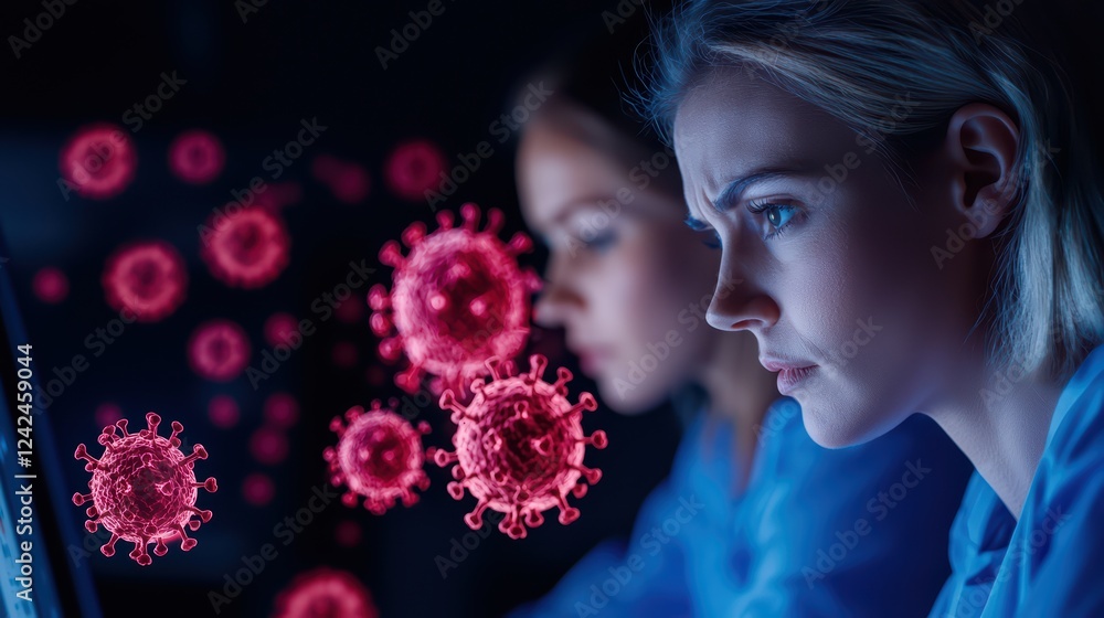 Poster focused researchers analyzing virus data on computer screens