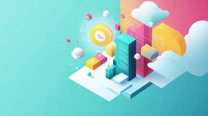 Fototapeta premium Colorful isometric design showcasing cloud database with vibrant elements, including buildings, coins, and abstract shapes, representing technology and innovation