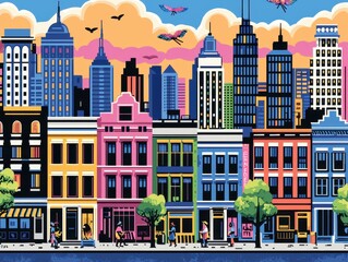 Obraz premium Vibrant Cityscape with Colorful Buildings and Bright Sky at Sunset