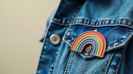 A vibrant rainbow enamel pin adorns the denim jacket pocket, symbolizing pride and inclusivity.