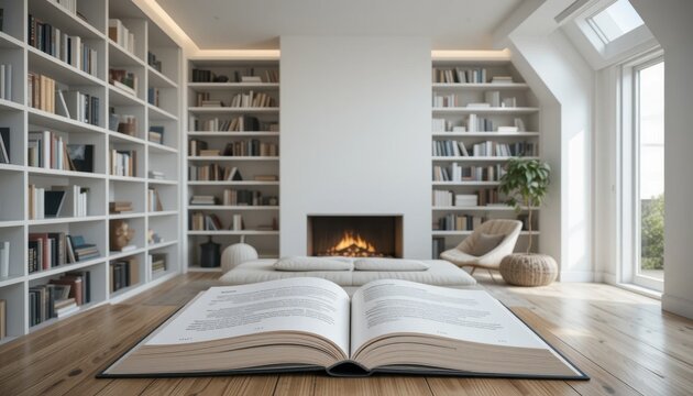 Cozy modern library with open book, fireplace, and shelving in a bright room - Powered by Adobe