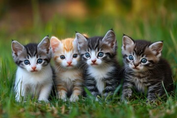 Obraz premium Four Kittens Sit Together in Green Grass, Showing Innocence and Playfulness