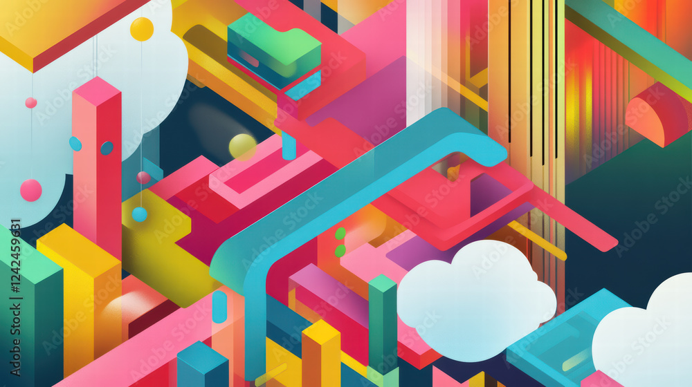 Poster colorful isometric design featuring abstract shapes, vibrant colors, and cloud elements, creating dy