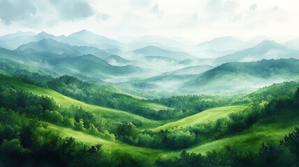 Naklejka premium Misty mountain valley sunrise, rolling green hills, background peaks