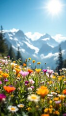 Fototapeta premium Vibrant wildflowers in alpine meadow amidst majestic mountain peaks under bright sun