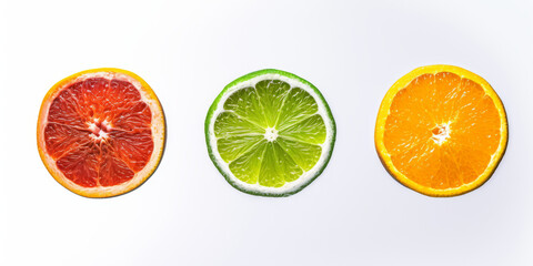 Obraz premium Translucent Citrus Slices – Orange, Lime, and Lemon with Vivid Detail on white background.