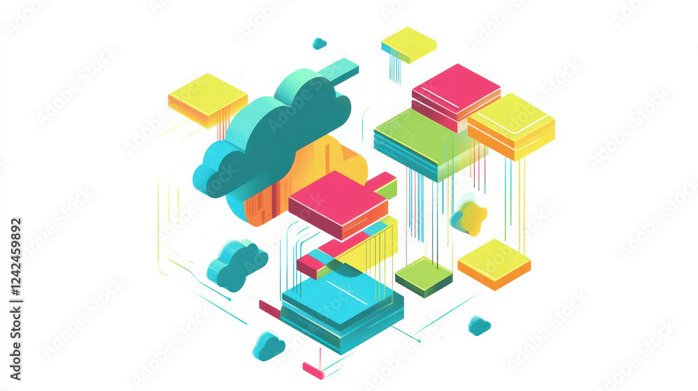 Poster colorful isometric design showcasing cloud technology with vibrant shapes and layers, representing d