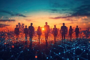 Fototapeta premium Silhouetted businesspeople walk towards sunset, networked city backdrop. Illustrates teamwork, progress, and global connectivity in business.