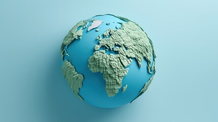 Obraz premium Paper Globe Model Isolated on Soft Blue Background with Three-Dimensional Terrain Featuring Landmasses and Oceanic Details