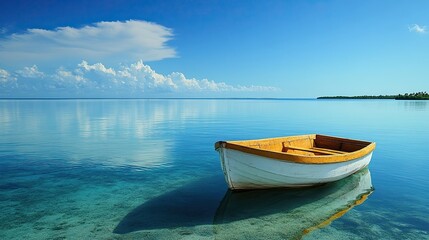 Naklejka premium Boat on the Water with Clear Blue Sky, Ideal for Summer Adventures oe Perfect for Boating Photography, capturing the peaceful nature of boating in a tropical setting