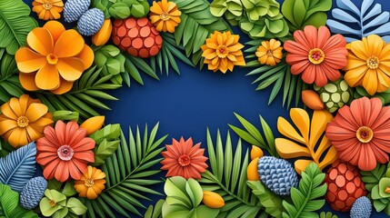 Colorful Paper Flowers and Leaves Frame on Blue Background