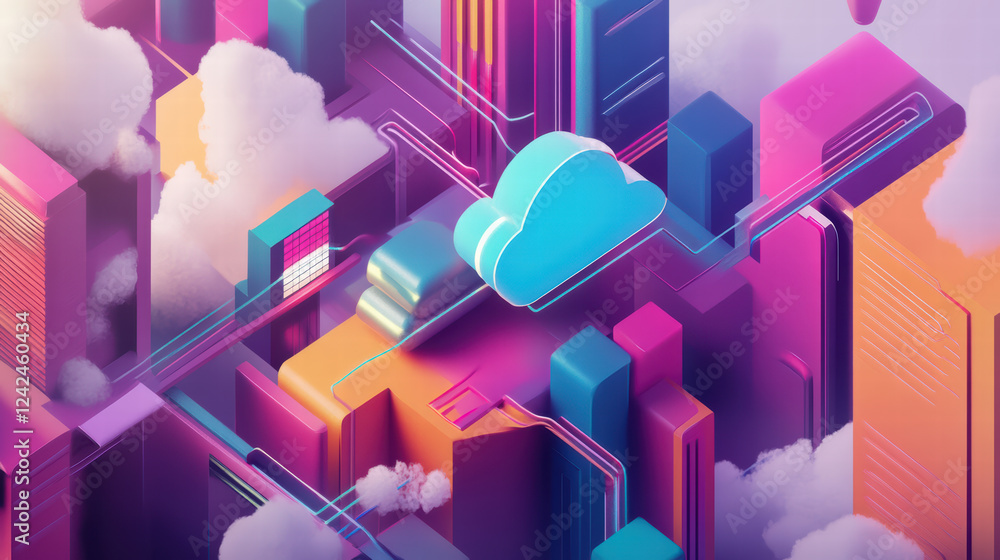 Poster colorful isometric representation of data flow in cloud over vibrant cityscape, showcasing modern ar